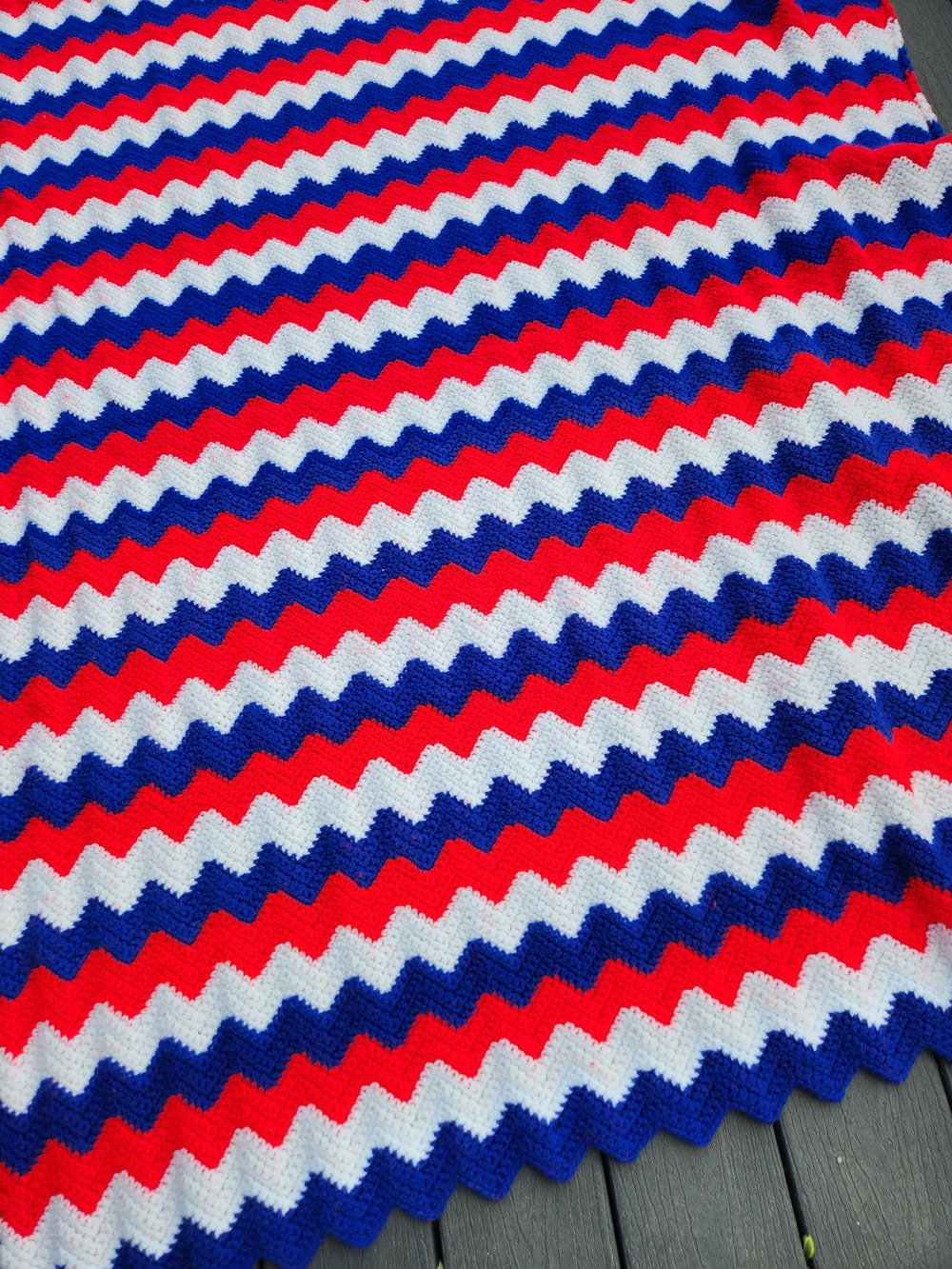 Handmade Red, White & Blue Ripple Crochet Afghan Blanket - Picture 4 of 6